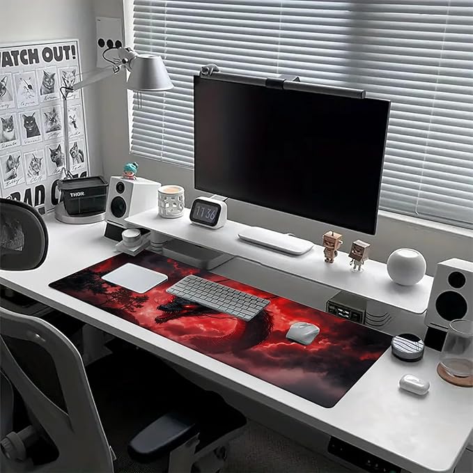 Desk Mat Red Black Dragon Desk Pad for Keyboard and Mouse, Large Big Gaming Mouse Pad with Stitched Edges for Work Game, 35.43 x 15.75 in
