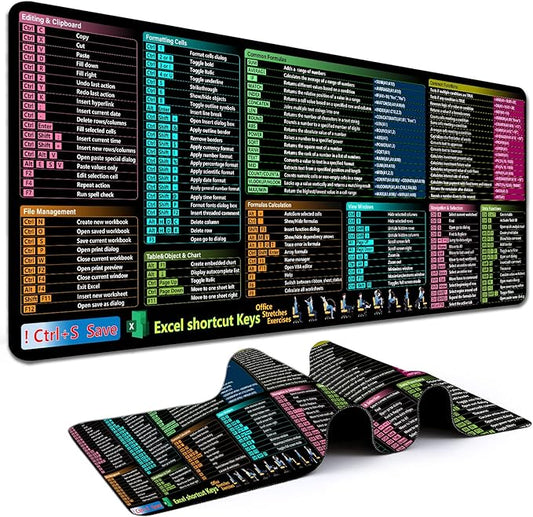 Excel Cheat Sheet Desk Pad, XXL Large Gaming Mouse Pad, Computer Keyboard Mats with Stitched Edges, Non-Slip Rubber Base Laptop Mat for Excel Shortcuts Mousepad Home & Office 35.4" x 15.7"