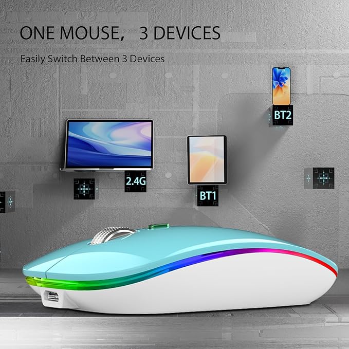 TENMOS Wireless Bluetooth Mouse, LED Slim (BT 5.1 + USB) 2.4GHz Rechargeable Silent Bluetooth Wireless Mouse with Type C Adapter for Laptop/MacBook/iPad OS 13 and Above (Blue)
