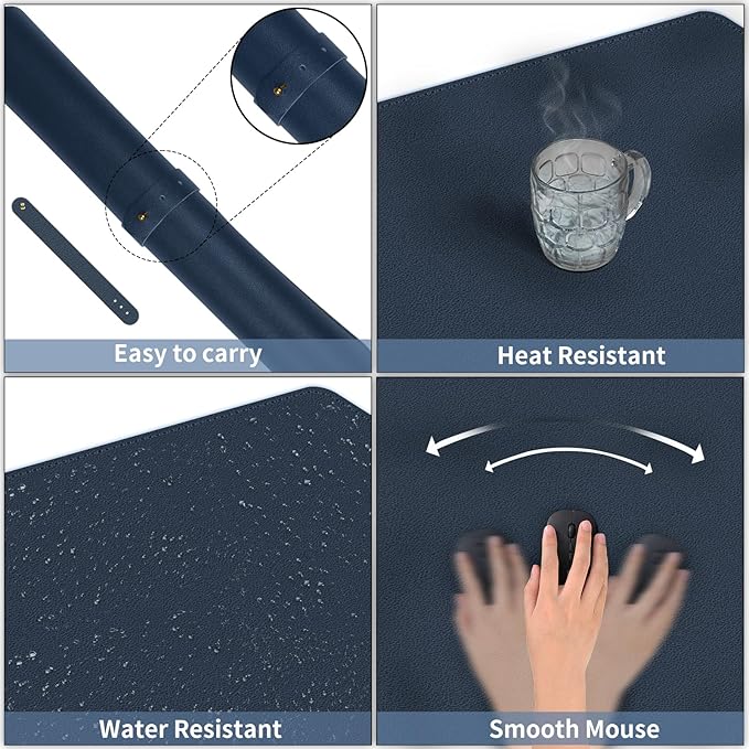 Bleswin Multifunctional Large Desk Mat, Double Sided Computer Desk pad, Extended Mouse Mat, Office Desk Protector with Waterproof PU Leather, 35.4''×16.9'', Office Home Writing Pad (Dark Blue+Yellow)