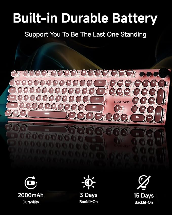EWEADN V20 Typewriter Keyboard Wireless,104 Keys Typewriter Style Mechanical with White Backlit, Media Knob, White Switch 2.4G/Bluetooth/USB-C Retro Full Size Keyboard for Windows/Mac/PC-Dark Pink