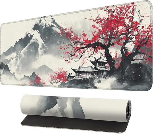 Mouse Pad, Large Anti-Slip with Stitched Edges Desk Mat Desktop Laptop Computer Desk Keyboard Mat,Table Protector Blotter Mat (Plum Blossom, 31.5" x 11.8")