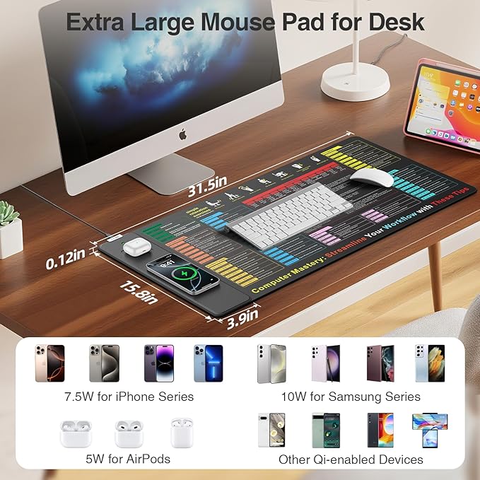 Excel Cheat Sheet Mouse Pad with Magnetic Wireless Charger, 31.5"x15.8" Extended Excel Shortcuts Desk Pad, Waterproof Ultra-Smooth Keyboard Mat, Non-Slip Base