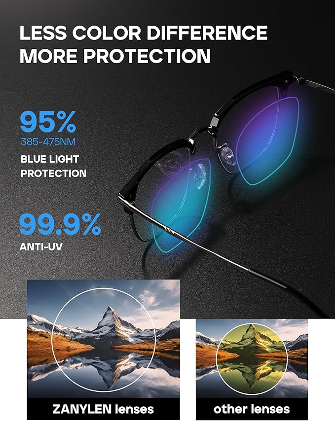 ZanyLen Blue Blocker Glasses for Men Metal Browline Computer Gaming Glasses Filter Blue Ray