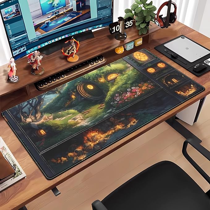 Cute Anime Large Gaming Mouse Pad Green Middle Earth Desk Mat Playmat Extended Mousepad XXL Desk Pad Computer Laptop Keyboard Pad Long Big Mouse Mat Office Decor Accessories 31.5x15.7 in