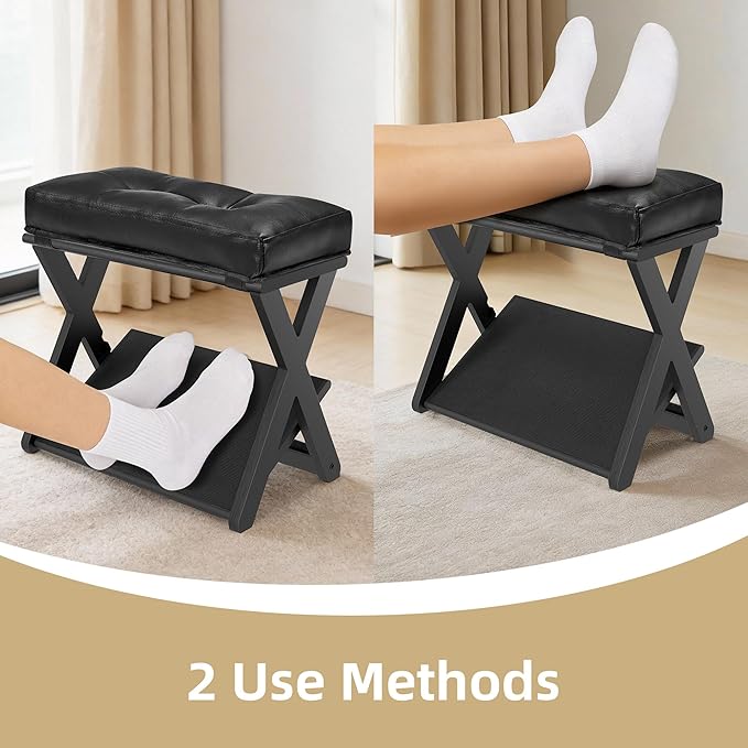 HOMELTSTBO Adjustable Wooden Foot Rest Under Desk, Double Step Desk Footrest with 3 Height Options & Non-Slip EVA Surface, Ergonomic Foot Rest For Under Desk At Work,Enhances Posture,Home Office-Black