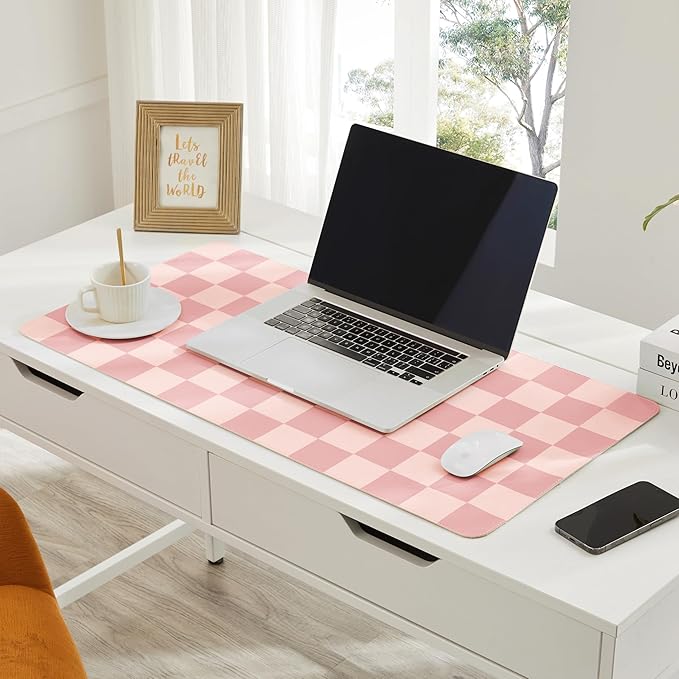 Checkered Desk Mat, 31.5" x 15.7" Large Cute Coral Pink Aesthetic Retro Accessories, PU Leather Computer Laptop Desk Mat, Mouse Keyboard Pad, Desk Writing Makeup Mat for Vanity/Work/Home Decor