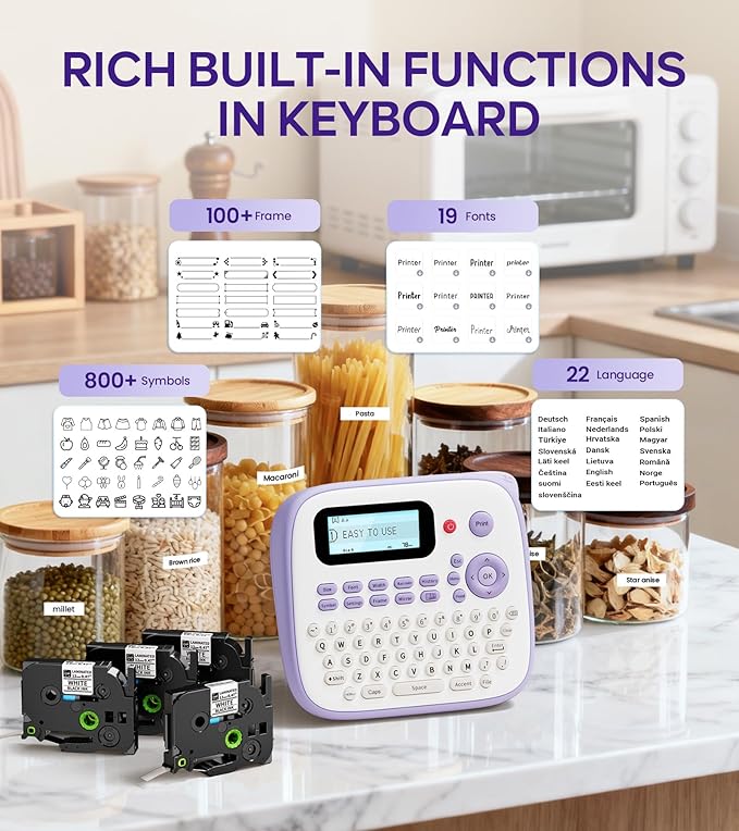 Label Maker Machine with Tapes, Label Maker Waterproof-Labels, Portable D210S Labeler Machine with Tapes 4PK Bundle 12mm 0.47 Laminated White, Wireless Labeling Machine for Jars Bottle School Supplies