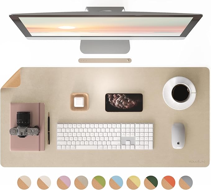 RENMTURE Dual-Sided Large Desk Pad, Faux Leather Natural Cork Mouse pad, Desk Accessories Protector, for Office and Home Work (Golden,36"x17")