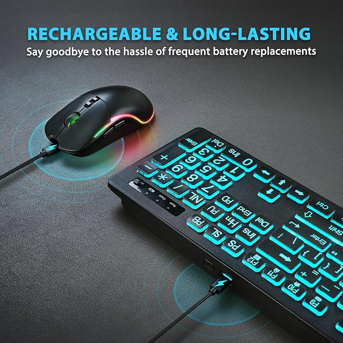 Backlit Large Print Wireless Keyboard and Mouse Combo, 2.4G Full Size Keyboards with Light Up Large Keys, Oversize Letters Keys Easy to See and Type, Quiet Keyboard Mouse for Windows, Laptop, PC