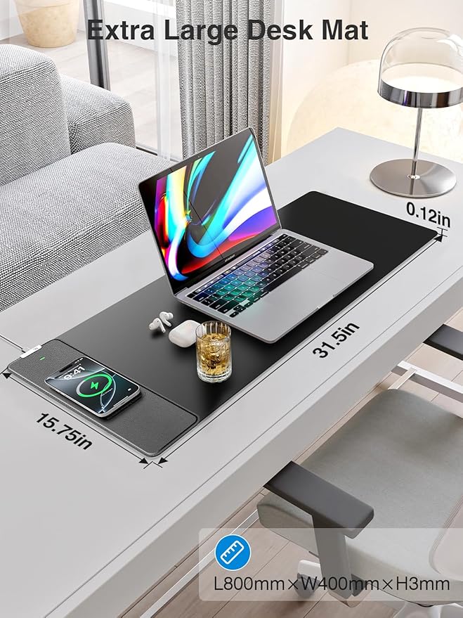 2-in-1 Mouse Pad with Wireless Charging, Gaming Mouse Pad, 31.5"x15.8" Large Desk Mat for Laptop/Keyboard, Waterproof Smooth Surface, Non-Slip Base, No Adapter