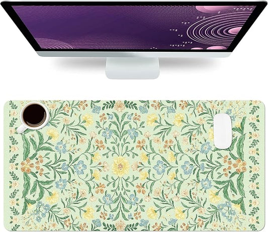 Large Mouse Pad, Green Flowers Desk Mat for Desktop, Women Girls Flowers PU Leather Waterproof Desk Pad, Computer PC Laptop Protector Gaming Mouse Pads for School Office Home 27.5" x 13.8"