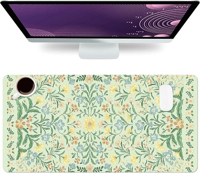 Large Mouse Pad, Green Flowers Desk Mat for Desktop, Women Girls Flowers PU Leather Waterproof Desk Pad, Computer PC Laptop Protector Gaming Mouse Pads for School Office Home 23.6" x 11.8"