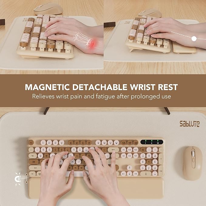 Wireless Keyboard and Mouse Combo, Round Keycaps, Full-Size Retro Typewriter Keyboard with Magnetic Wrist Rest, Tilt Legs, 2.4GHz Cordless for Mac, Windows PC, Laptop, SABLUTE CK23, Latte Beige