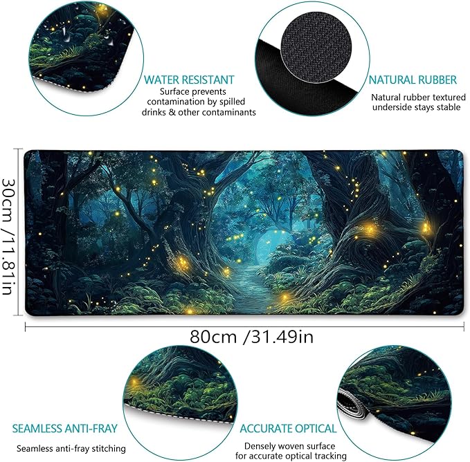 Firefly Forest Mouse Pad Large Desk Mat, Extra Large Gaming Computer Mousepad with Stitched Edges Non-Slip, Keyboard Mouse Pad for Desktop Cute Aesthetics Home Office Desk Accessories 31.5in