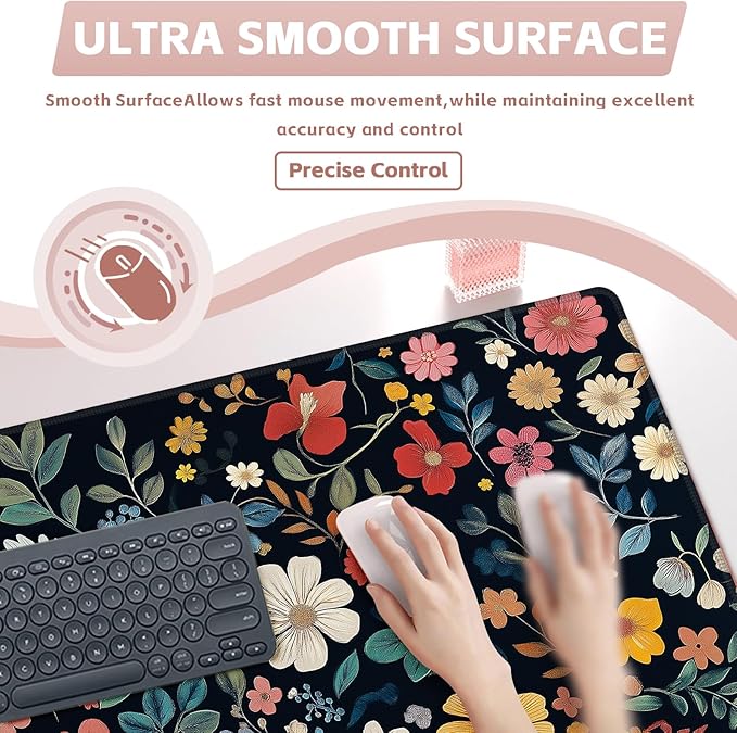 Baziabbo Floral Desk Mat,XXL Extended Big Mouse Pad,Gaming Mousepad with Stitched Edge,Non-Slip Rubber Base Keyboard Desk Pad for Home Office Study Game