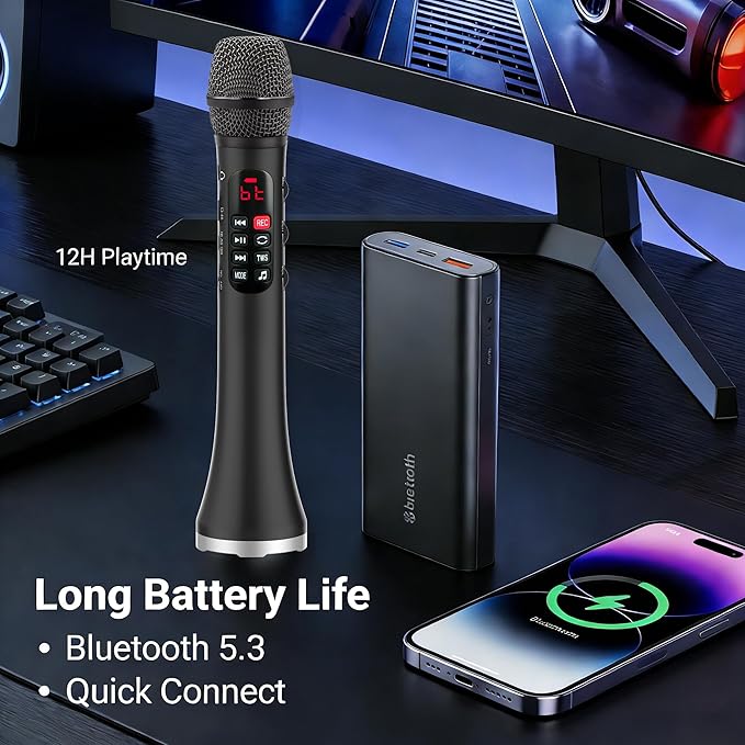 YF81 Wireless Bluetooth Microphone with 25W High Power, DSP Chip for Clear Sound, Dual Mic Connectivity for Duet Singing, One-Click Vocal Reduction for Karaoke, Portable Design with Loud Volume(Black)
