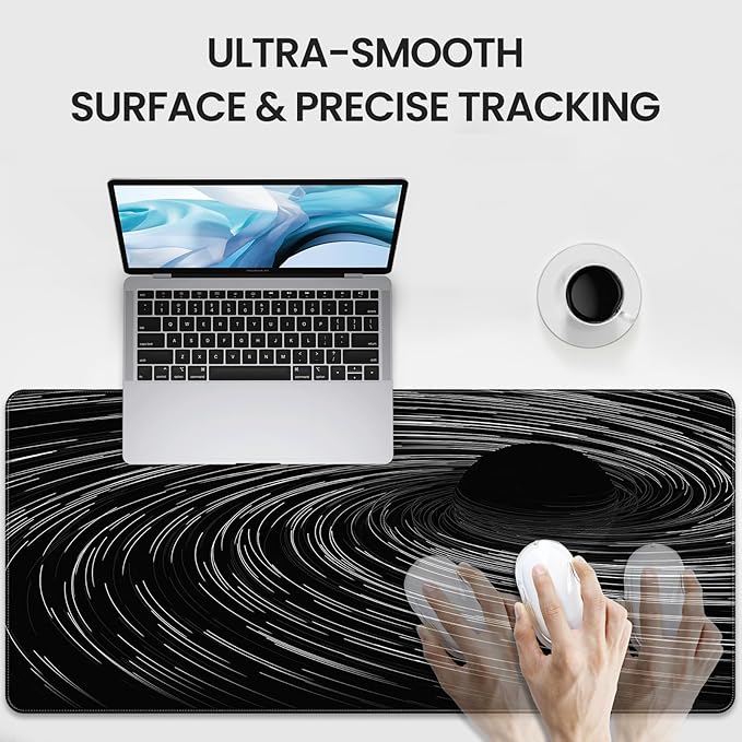 Extended Mouse Pad, Black Abstract Swirl Design, 35.4 x 15.7 Inches, Microfiber Cloth Surface, Rectangular Desk Mat with Non-Slip Rubber Base
