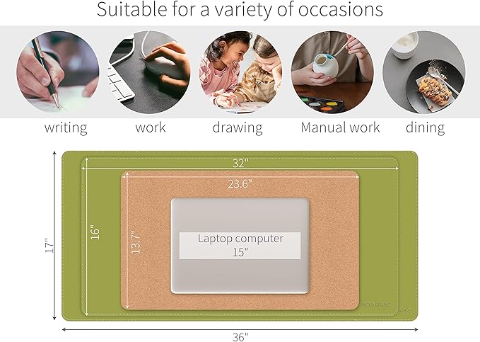 RENMTURE Dual-Sided Mouse Pad, Natural Cork & PU Leather Large Desk Pad for Office and Home Work, Desk Protector Non-Slip, Waterproof, Easy Clean (Olive Green, 36"x17")