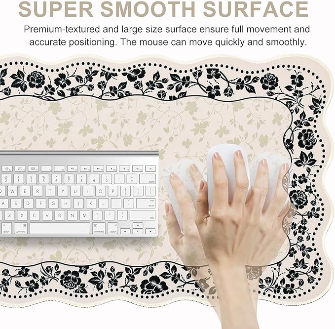 L-SPOUTTO Vintage Floral Mouse Pad,Aesthetic Scalloped Desk Mat XXL Large Gaming Mousepad,35.4x15.7in Non-Slip Keyboard Pad Waterproof Desktop Mat for Laptop Computer Work Game Office-Seamless Floral