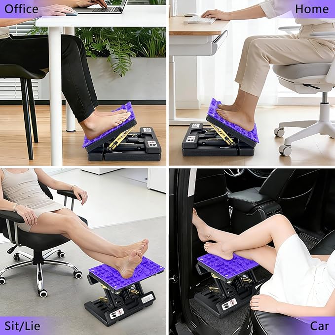 Footrest for Under Desk at Work, Height Adjustable Foot Rest with Reflexology Pad, Foldable Ergonomic Foot Stool for Muscle Tension Relief, Suitable for Office, Home & All-Season Use(Purple)