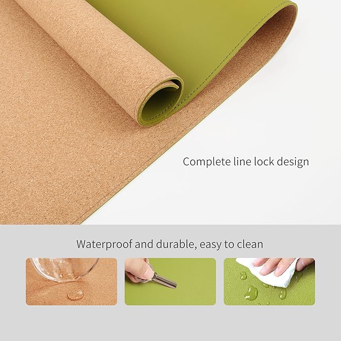 RENMTURE Dual-Sided Mouse Pad, Natural Cork & PU Leather Large Desk Pad for Office and Home Work, Desk Protector Non-Slip, Waterproof, Easy Clean (Olive Green, 36"x17")