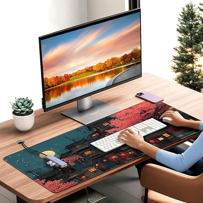 Japanese Anime Cherry Blossom Night Scene Mouse Pad, XXL Extended 35.4 x 15.7 Inch Desk Mat, Non-Slip Rubber Base, Microfiber Cloth Surface, Game Table mat