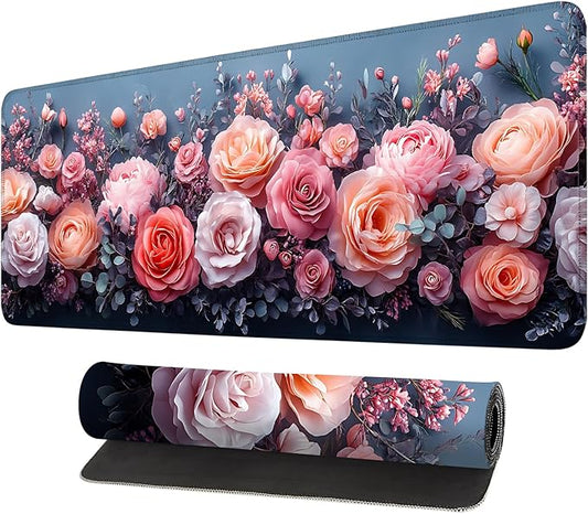 Mouse Pad, Large Anti-Slip with Stitched Edges Desk Mat Desktop Laptop Computer Desk Keyboard Mat,Table Protector Blotter Mat (Pink Flower, 31.5" x 11.8")