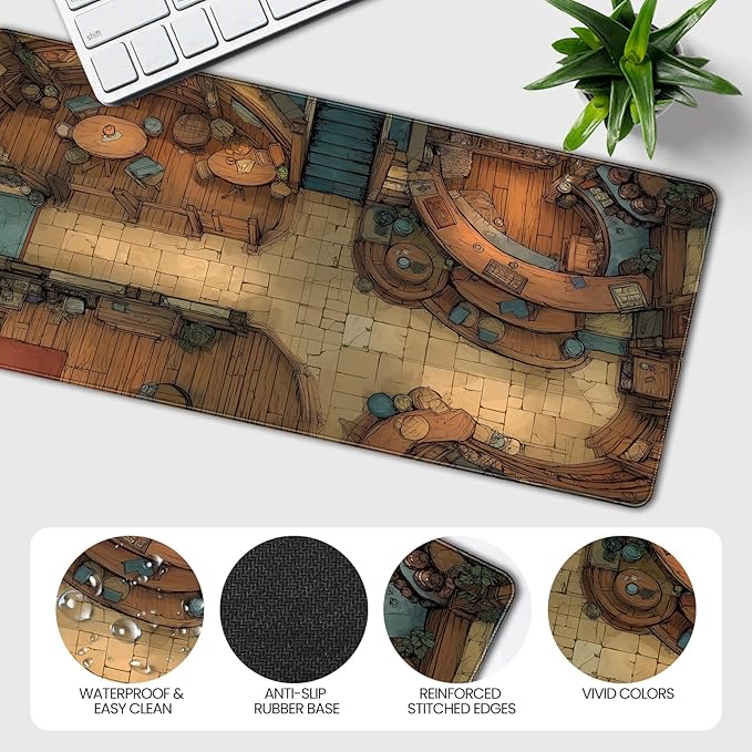 Extended Keyboard and Mouse pad, Fantasy Tavern Pattern, 35.4 x 15.7 Inch, Gaming Desk mat with Non-Slip Base and Waterproof Finish, Suitable for Home Office and workstations.