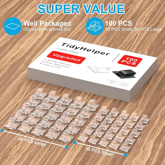 100 PCS Outdoor Light Clips Clear (Small & Large), Adhesive Cable Clips for Wall Wire Holder Cable Management Cord Organizer, Christmas Light Hooks for LED String Lights, Car Dash Cam, Extension Cord - Image 2