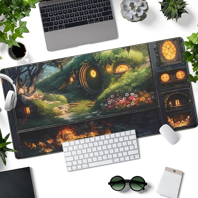 Cute Anime Large Gaming Mouse Pad Green Middle Earth Desk Mat Playmat Extended Mousepad XXL Desk Pad Computer Laptop Keyboard Pad Long Big Mouse Mat Office Decor Accessories 31.5x15.7 in