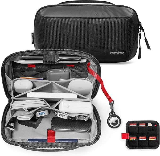 tomtoc Electronic Organizer Accessory Pouch for MacBook Charger, Cables, Power Bank, Hard Drive, Cords, Water-resistant Storage Bag with Removable Card Slots for USB Adapter, Memory Card, Black