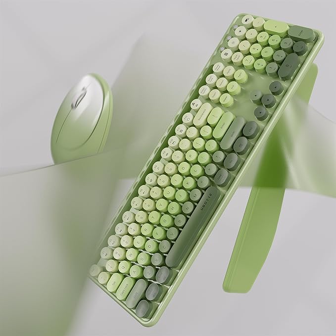 UBOTIE Wireless Keyboard and Mouse Combo with Phone Holder and Wrist Rest, Round Colorful Keys, Power Switches, 2.4GHz USB Receiver, Full-Size QWERTY Layout for PC Laptop（Green