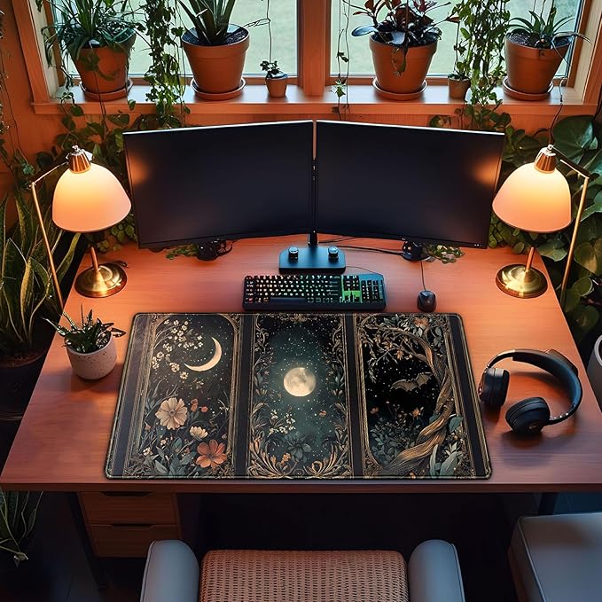 Celestial Lunar Nature Tarot Card Desk Mat 31.5''X15.7'' Dark Green Desk Pad Moon Botanical Floral Large Mouse Pad Extended Gaming Mousepad XXL Keyboard Mouse Mat for Computer Laptop Gamers