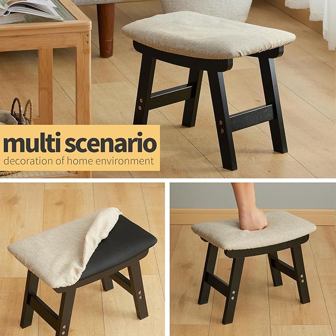 Foot Stool Ottoman Foot Rest Under Desk,Small Stool for Living Room, Bedroom and Kitchen (Black Legs - Beige Stool Surface)