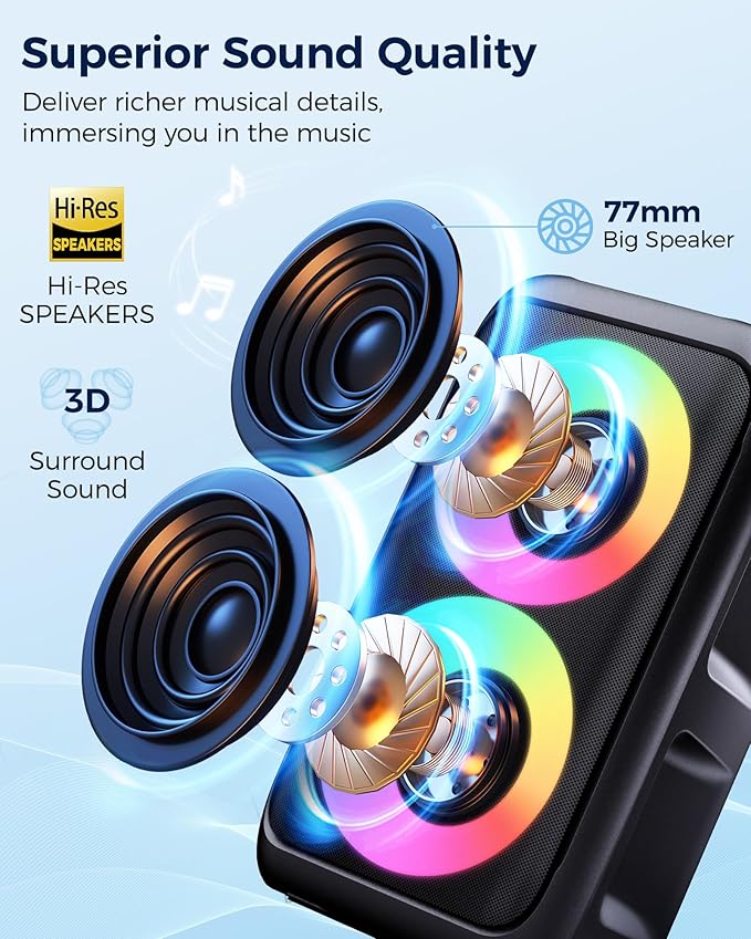 Bluetooth Speaker，Portable Party Speaker with Colorful Lights，Wireless Speaker with HD Loud,Surround Sound Systems Support TWS/AUX/USB/TF Card Ideal for Party,Home,Outdoor Camping