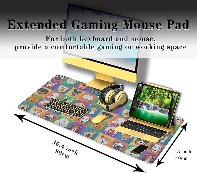 Keyboard Mats Dogs Full Mouse Mat, Desk Mouse Pad Extra Large Mouse Pads, Oversized Mousepad Non-Slip Rubber Base Waterproof with Stitched Edges, 35.4 X 15.7 inch for Work/Game/Office/Home