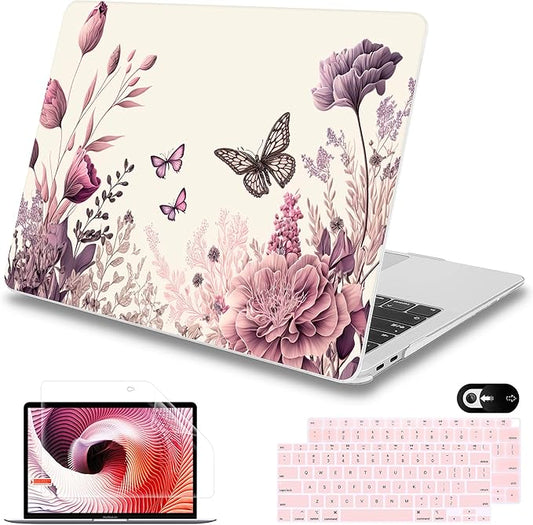 Mektron Case for MacBook Air 13 inch M1 A2337 A2179 A1932,Hard Cover 2018-2021 Air 13-inch with Touch bar, Exclusively Designed Protective Shell with Screen Protector, Butterfly Flower C074