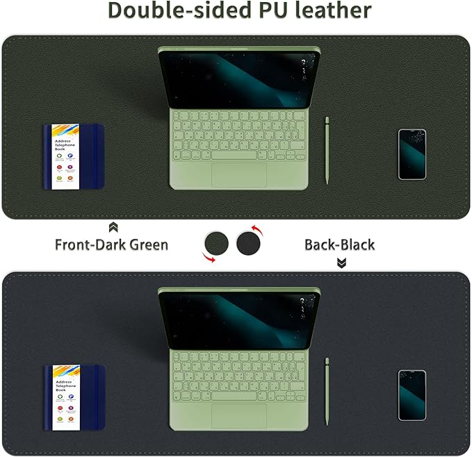 Bleswin Multifunctional Large Desk Mat, Double Sided Computer Desk pad, Extended Mouse Mat, Office Desk Protector with Waterproof PU Leather, 35.4''×16.9'', Office Home Writing Pad (Dark Green+Black)