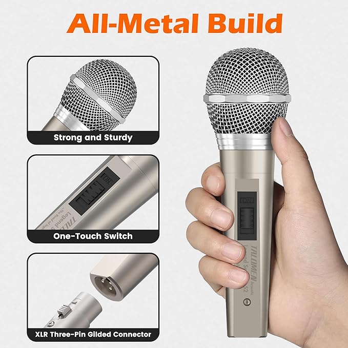 Wired Microphone for Singing, Metal Female, ON/Off Switch, Professional Vocal Dynamic Mic with 20ft & 6.5ft XLR Audio Cable, Cardioid Studio Microfono for Podcasting and Recording, Gold-L52
