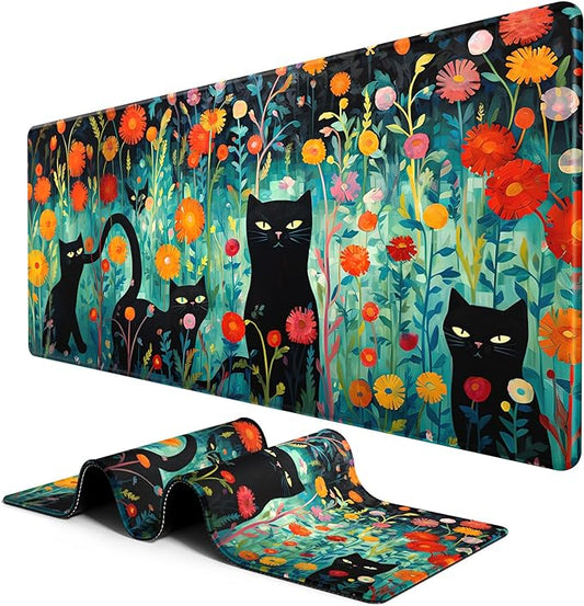 BOSOBO Large Mouse Pad, Desk Pad, XXL XL Extended Gaming Mouse Pad, Desk Mat for Office & Home, Long Keyboard Mat, Huge Mouse Pad, Desktop Full Cover 35.5 x 15.7 Inches, Black Cat and Folwers
