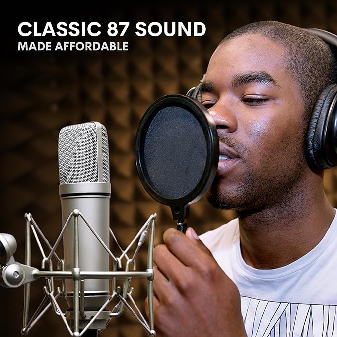 Melon Audio MA-87 Studio Condenser Microphone, 26mm Gold Large Diaphragm Capsule, Including Foam Filter, Metal Shock Mount, XLR Cable and Mic Bag - for Singing, Vocal Recording and Podcasting