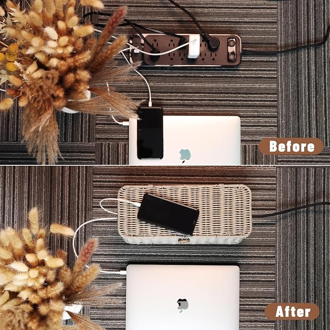 BROWNLILY Cable Management Box, Rattan Style Cord Organizer for Desk Cord Hider Outlet Covers Baby Proofing for Power Strip TV PC Router Charger Under Desk Storage with Lockable Lid and Cable Ties - Image 5