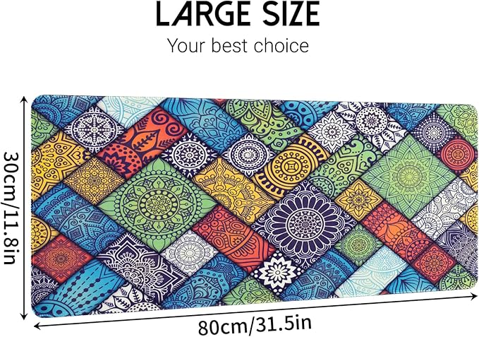Colorful Boho Desk Mat,Large Cute Mouse Pad for Desk, Girly Mousepad with Stitched Edges, Computer Keyboard Mat for Work, Game, Office, Home, 31.5 x 11.8 Inch