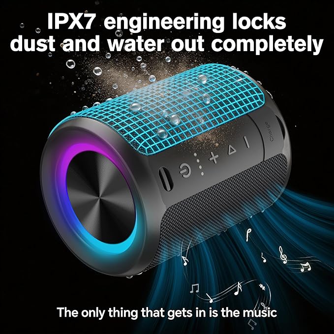 Portable Bluetooth Speaker, IPX7 Waterproof Wireless Speaker with 20W Loud Stereo Sound, 15H Playtime & Beat-Synced RGB Light, Small Outdoor Speaker for Shower, Pool, Beach, Hiking and Gifts