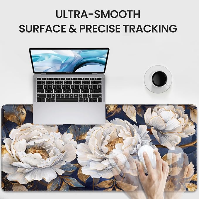 Extended Gaming Mouse Pad, Floral Peony Design, Navy Blue White and Gold, 35.4 x 15.7 Inches, Non-Slip Rubber Base, Stitched Edges