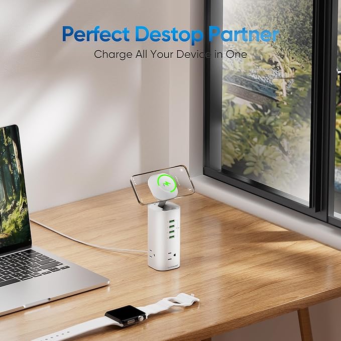 160W Fast Charging Station, TenTrend Tower Power Strip Surge Protector with 3 AC Outlets & 8 USB Ports (4 USB-C), 5 FT Flat Plug Extension Cord with Multiple Outlets for Home Office Dorm Room