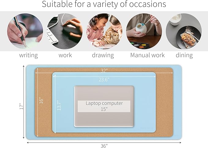 RENMTURE Dual-Sided Large Desk Pad, Faux Leather Natural Cork Mouse pad, Desk Accessories Protector, for Office and Home Work (Light Blue, 32"x16")