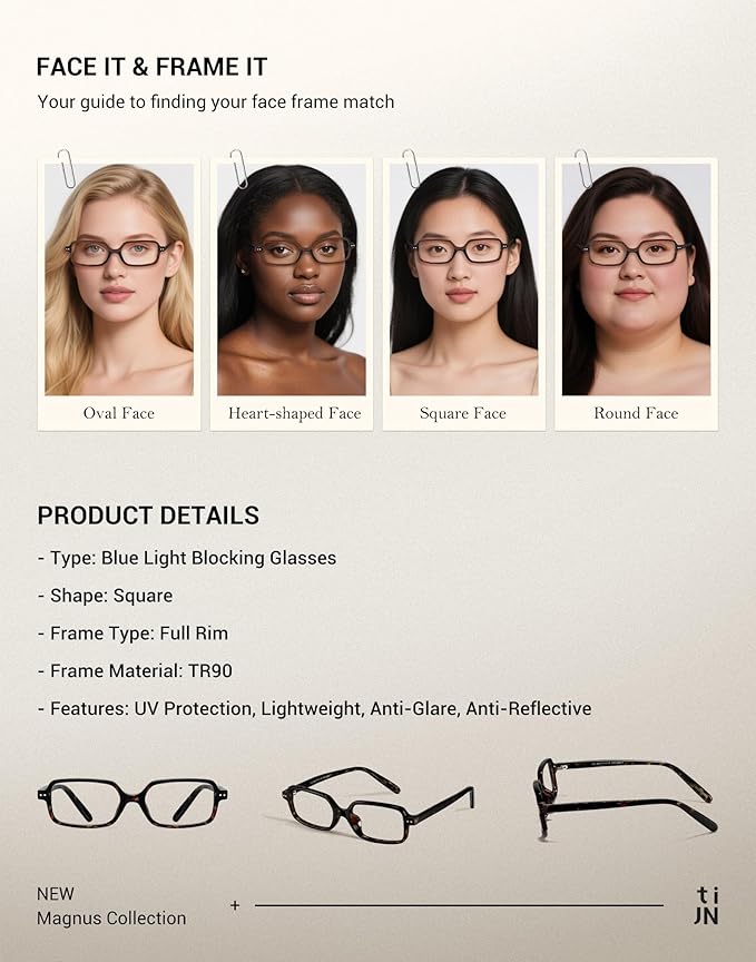 TIJN Blue Light Blocking Glasses Women Men Retro Cat Eye Square Oval Anti Glare Screen Computer Gaming Daily Eyeglasses TR90