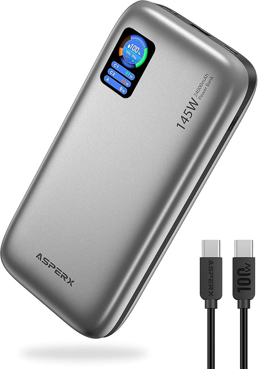 AsperX Laptop Power Bank,24,000mAh 145W PD 3.1 Fast Charging Portable Charger, TFT Smart Display USB C Battery Pack(86.4Wh) for MacBook/iPhone 16/Dell XPS/Galaxy S25/Steam Deck/ipad (Flight-Approved)